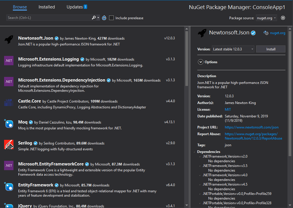 Окно NuGet